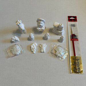Bundle of 11 white paintable Christmas ornaments/figurines & a sealed paintbrush